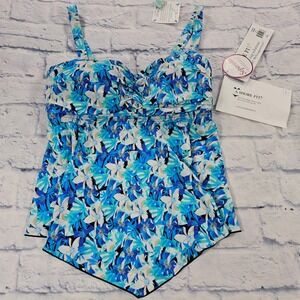 A Shore Fit Tankini Top Women Size 8 Blue Floral Sharkbite Hem Ruched Swimwear
